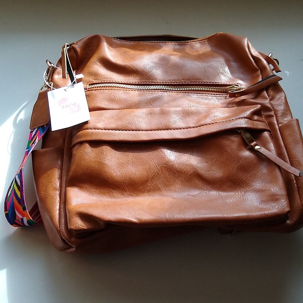 Leza Chic faux leather backpack. Vegan Aztec band . NEW